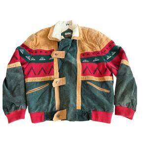 Vintage Adler Leather Coat Sherpa Southwestern Aztec Tribal Jacket Size Large